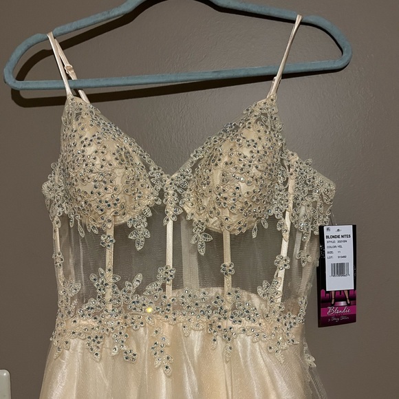 BLONDIE NITES Womens Yellow Mesh Corset Bodice Dress - Picture 7 of 7